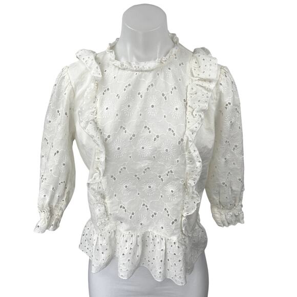 Zara Basic White Embroidered Eyelet Ruffle 3/4 Sleeve Peplum Blouse Top Size L - Picture 1 of 4
